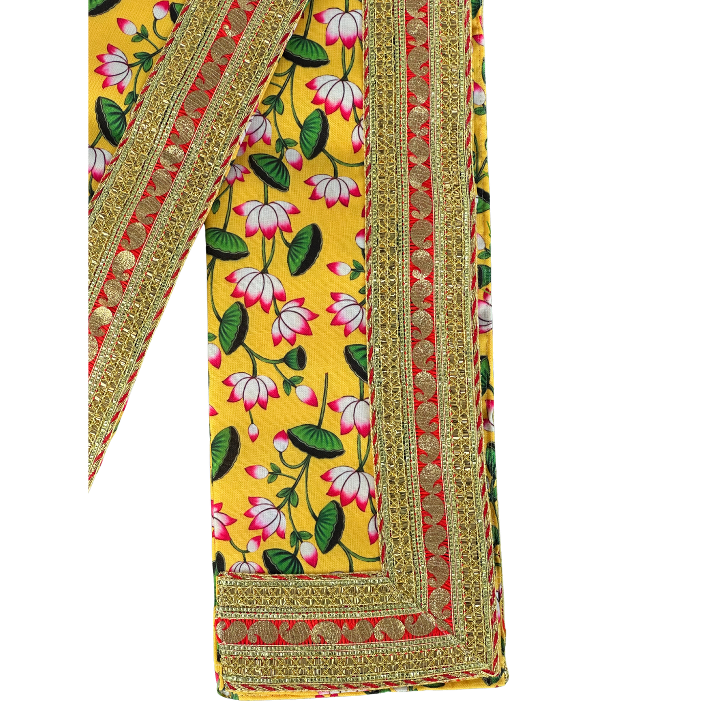 Yellow & Pink Lotus Floral Print Dupatta with Heavy Zari Border