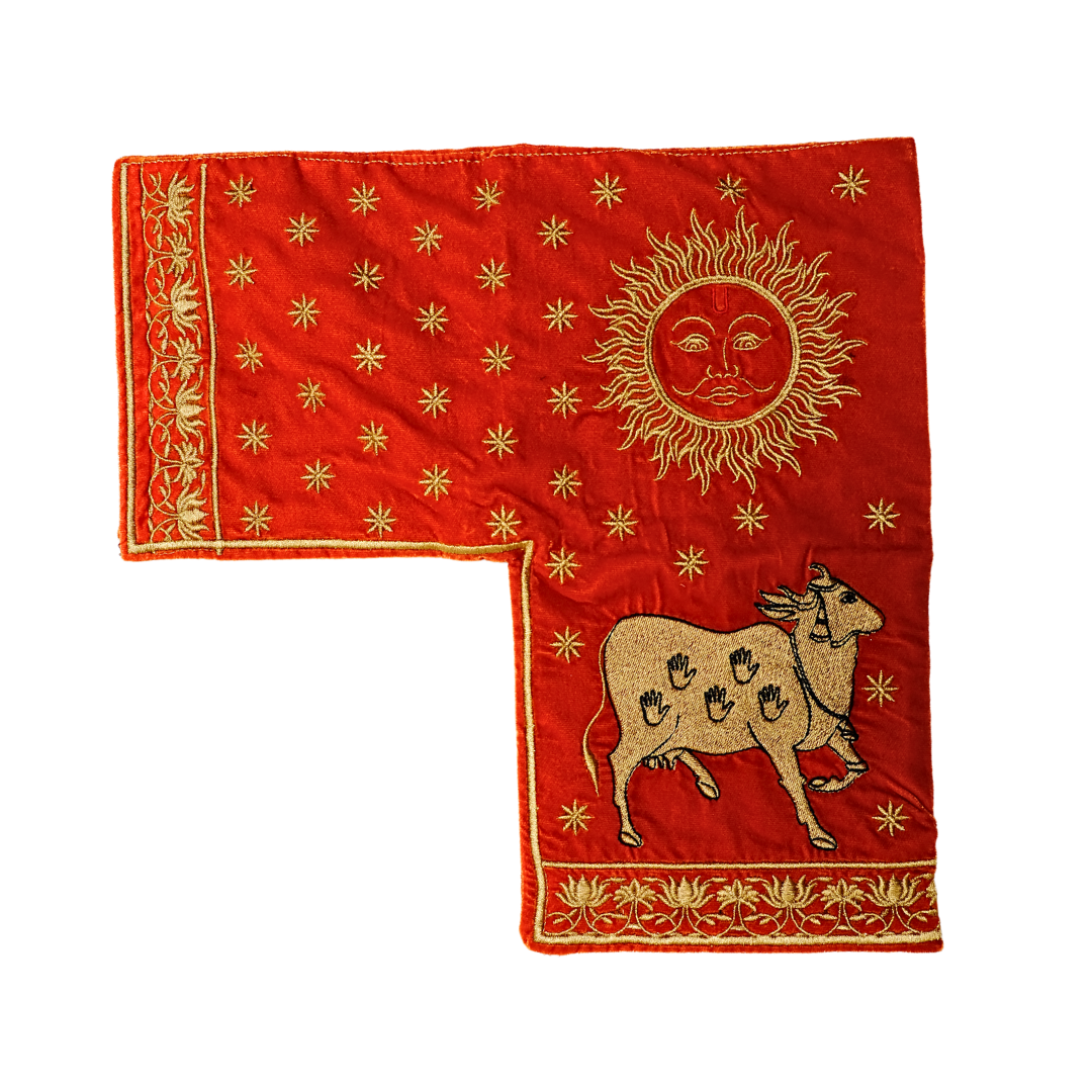 Red Makhmal Gaumukhi Jaap Mala Bag with Sun & Cow Embroidery