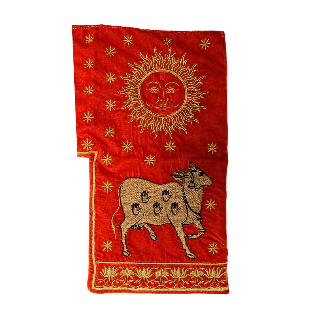 Red Makhmal Gaumukhi Jaap Mala Bag with Sun & Cow Embroidery