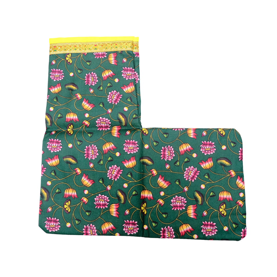 Green Cotton Gaumukhi Jaap Mala Bag with Pink Lotus Design
