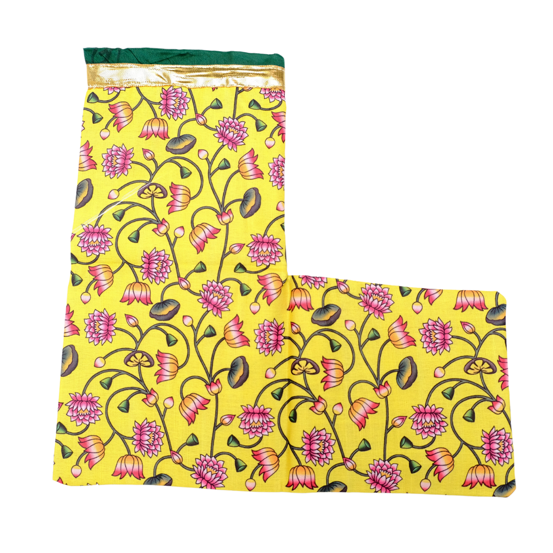 Bright Yellow Cotton Gaumukhi Jaap Mala Bag with Pink Lotus Print