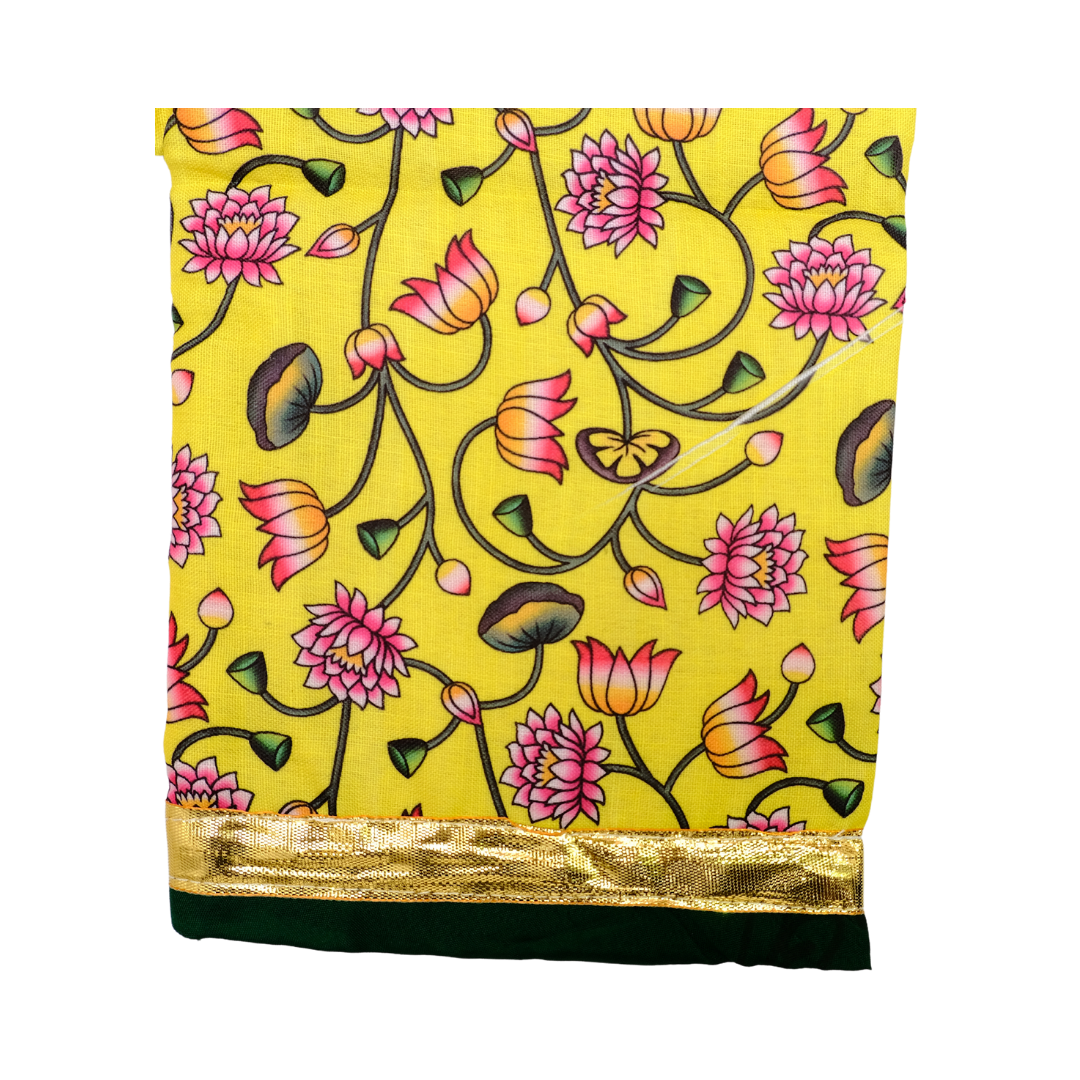 Bright Yellow Cotton Gaumukhi Jaap Mala Bag with Pink Lotus Print