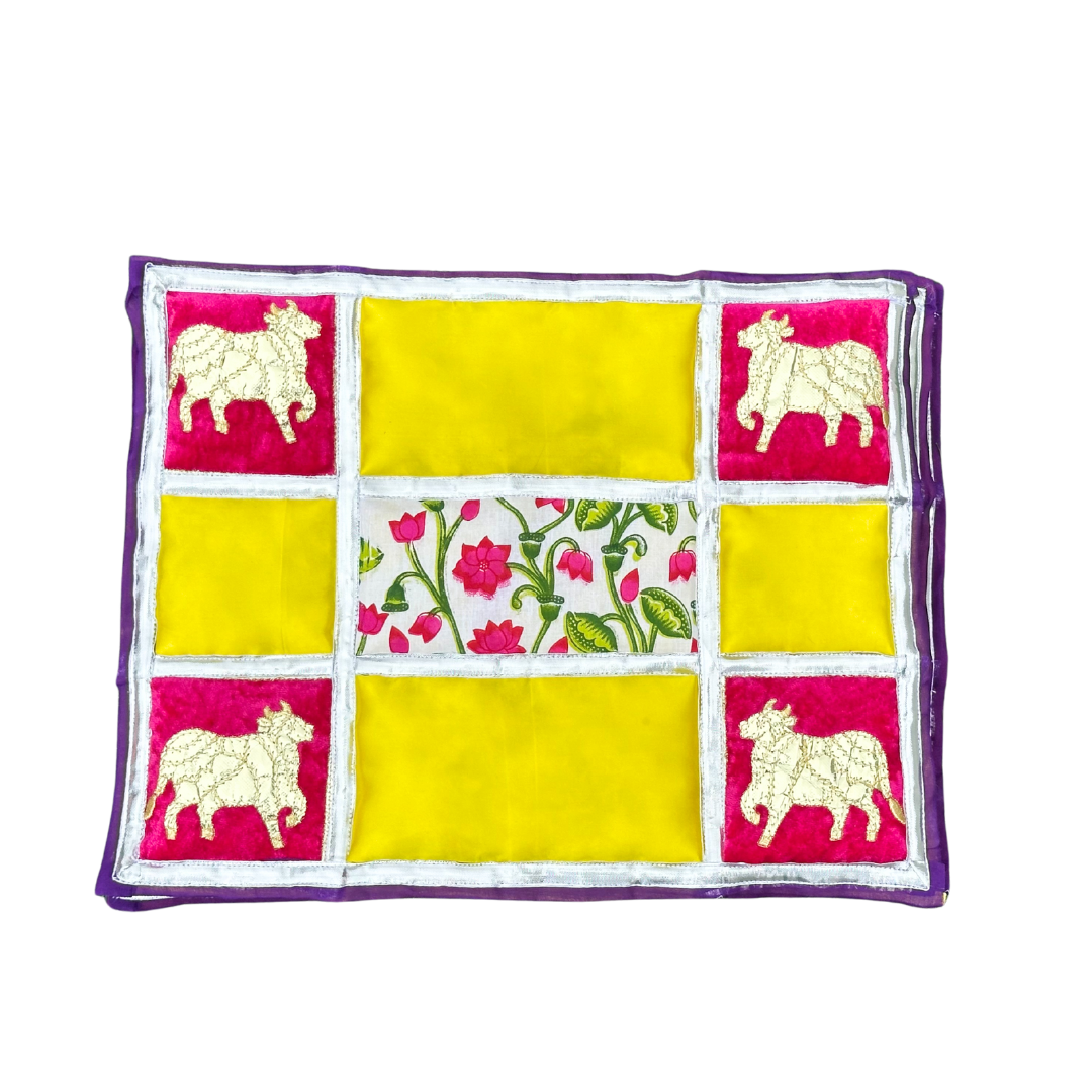 Traditional Cow Motif Cotton Aasan – Pink & Yellow Patchwork
