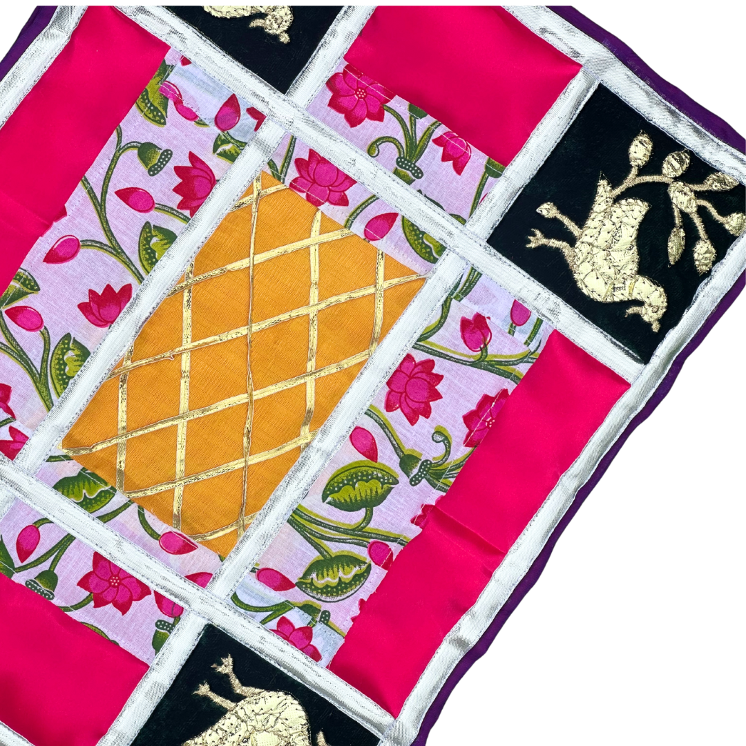 Peacock & Lotus Patchwork Aasan – Elegant Pink & Green Temple Mat