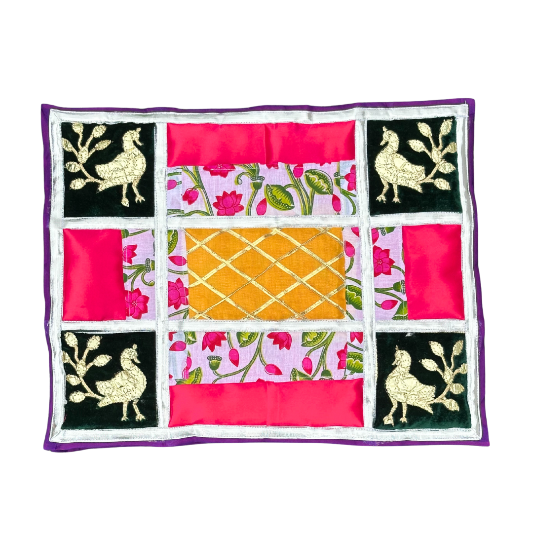 Peacock & Lotus Patchwork Aasan – Elegant Pink & Green Temple Mat