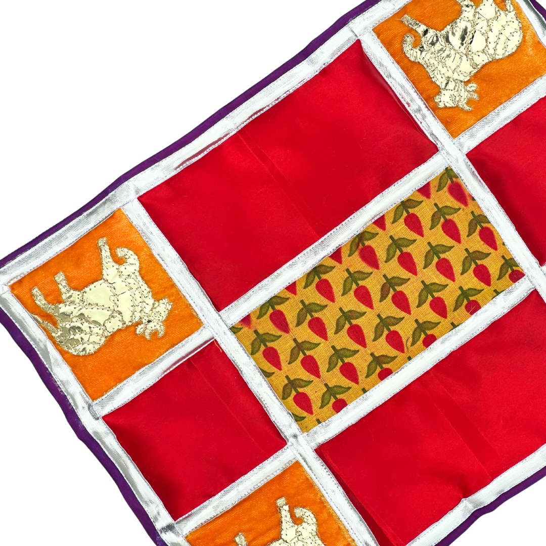 Sacred Cow Patchwork Aasan – Rich Red & Mustard Floral Design