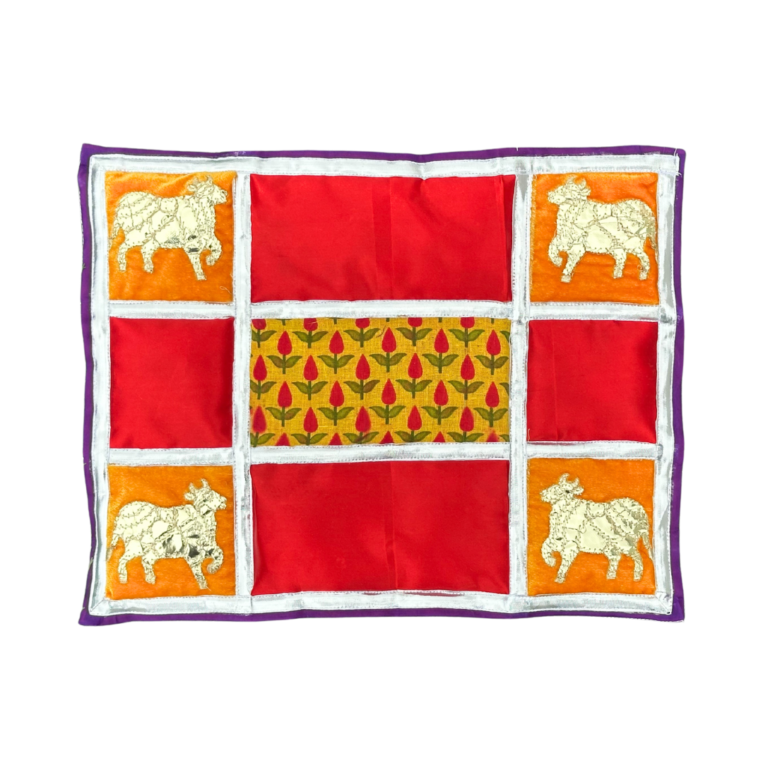 Sacred Cow Patchwork Aasan – Rich Red & Mustard Floral Design