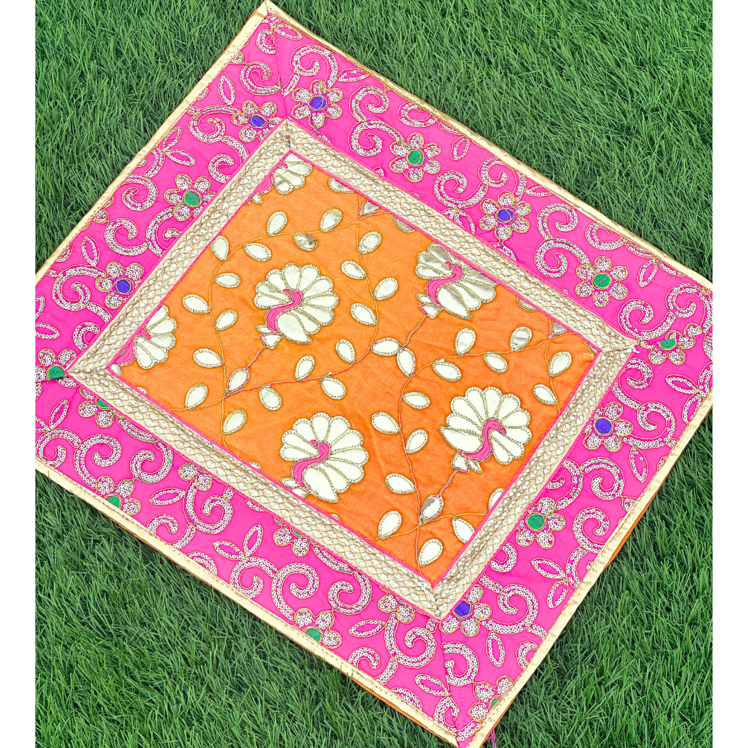 Orange-Pink Peacock Design Aasan – Pooja Mat for Thakurji