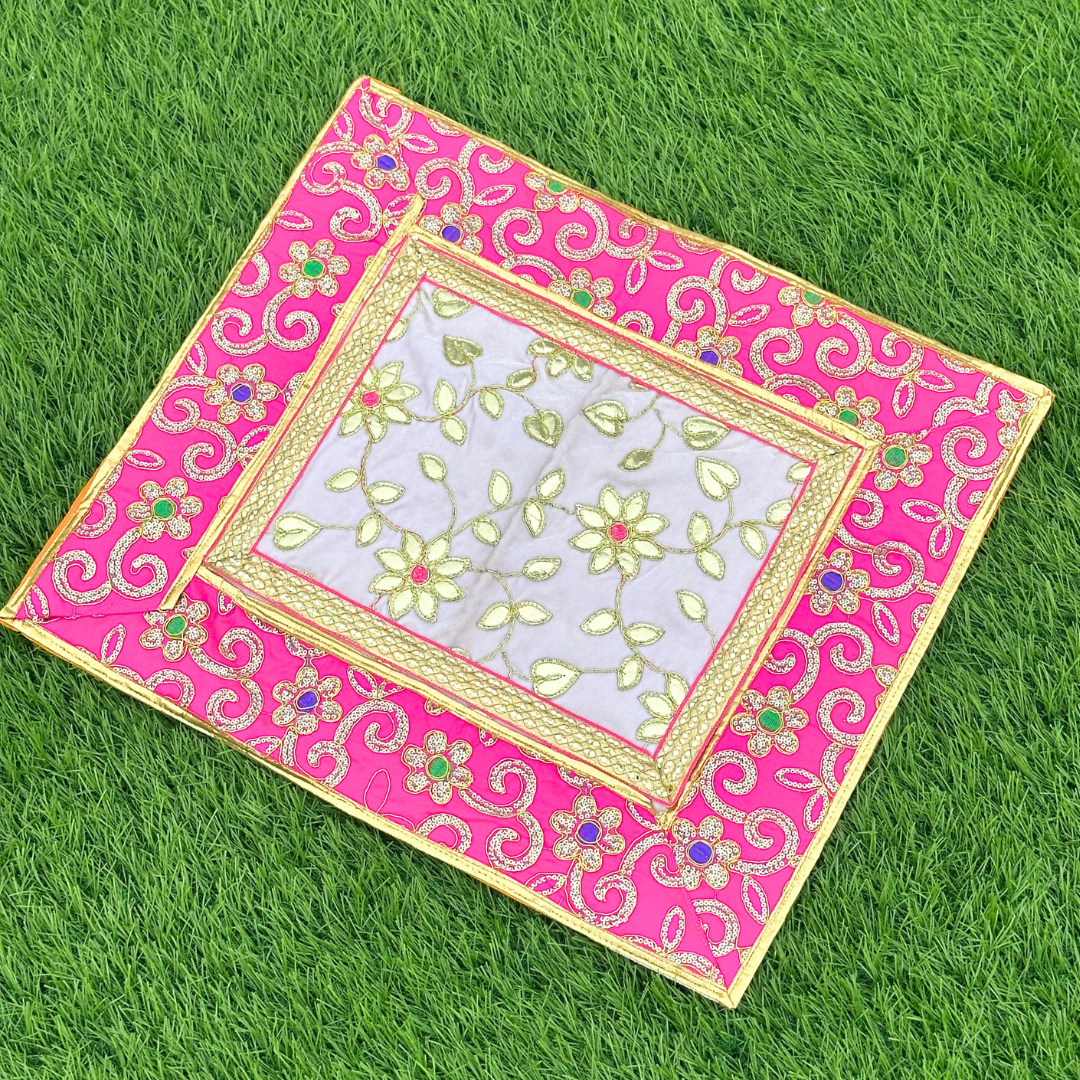 Pink Border Floral Aasan – Light Lavender Center Pooja Mat