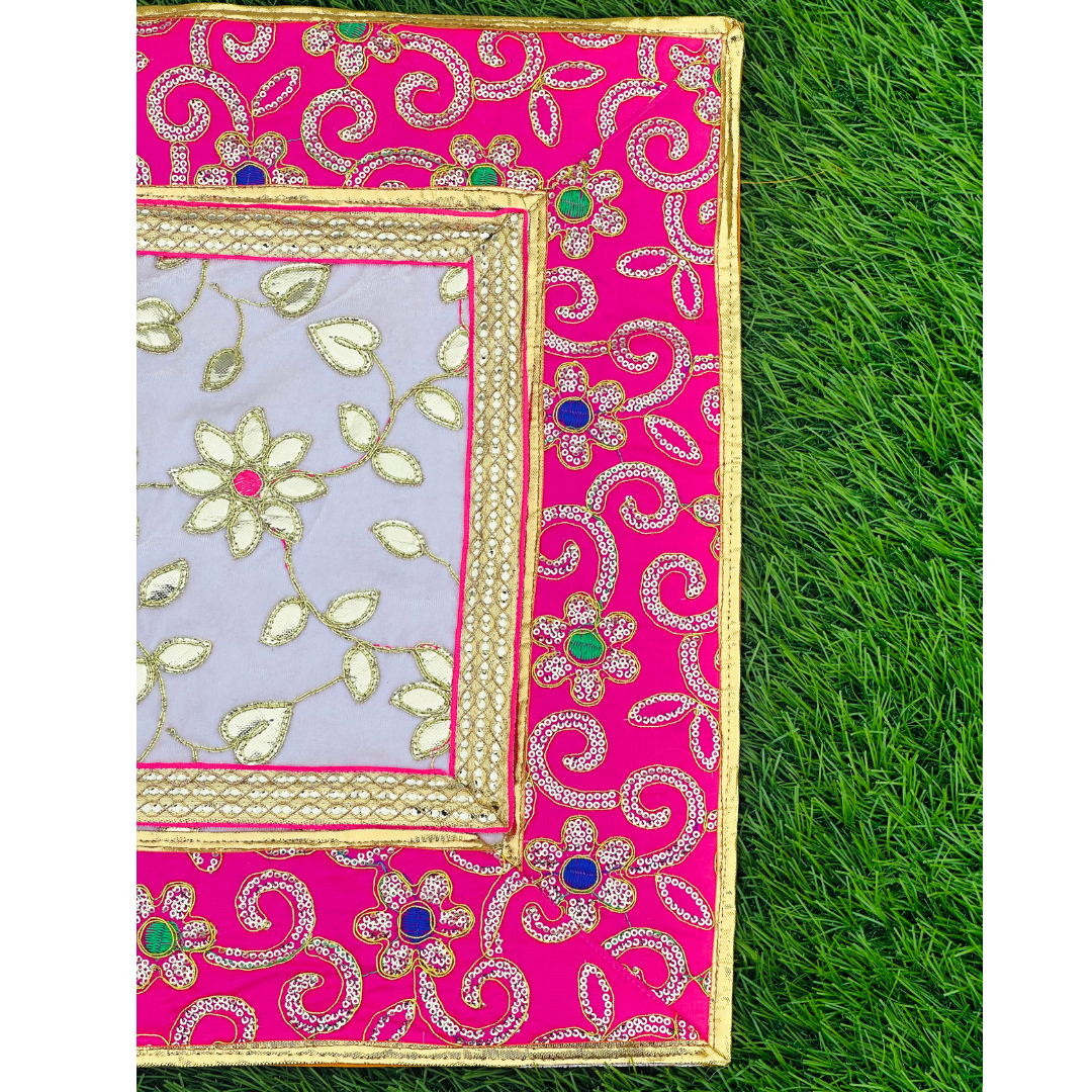 Pink Border Floral Aasan – Light Lavender Center Pooja Mat