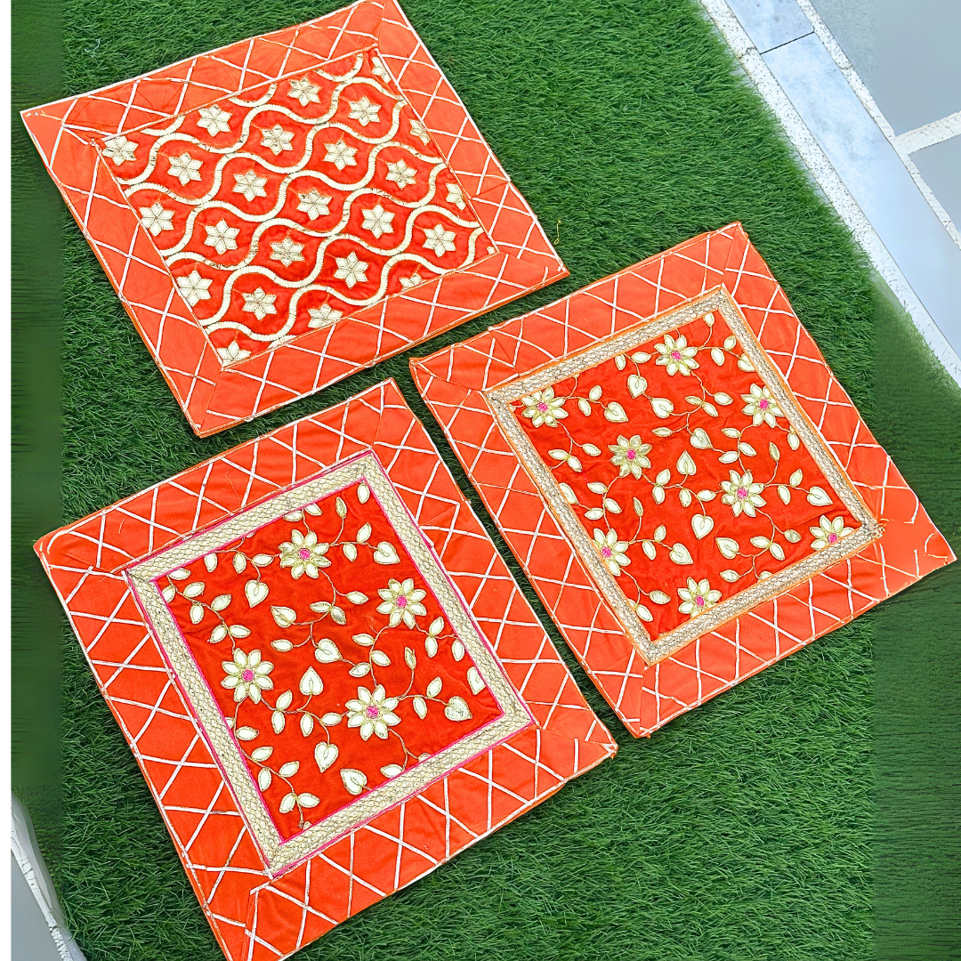 Orange Designer Aasan Combo – Set of 3 Floral Embroidered Temple Mats