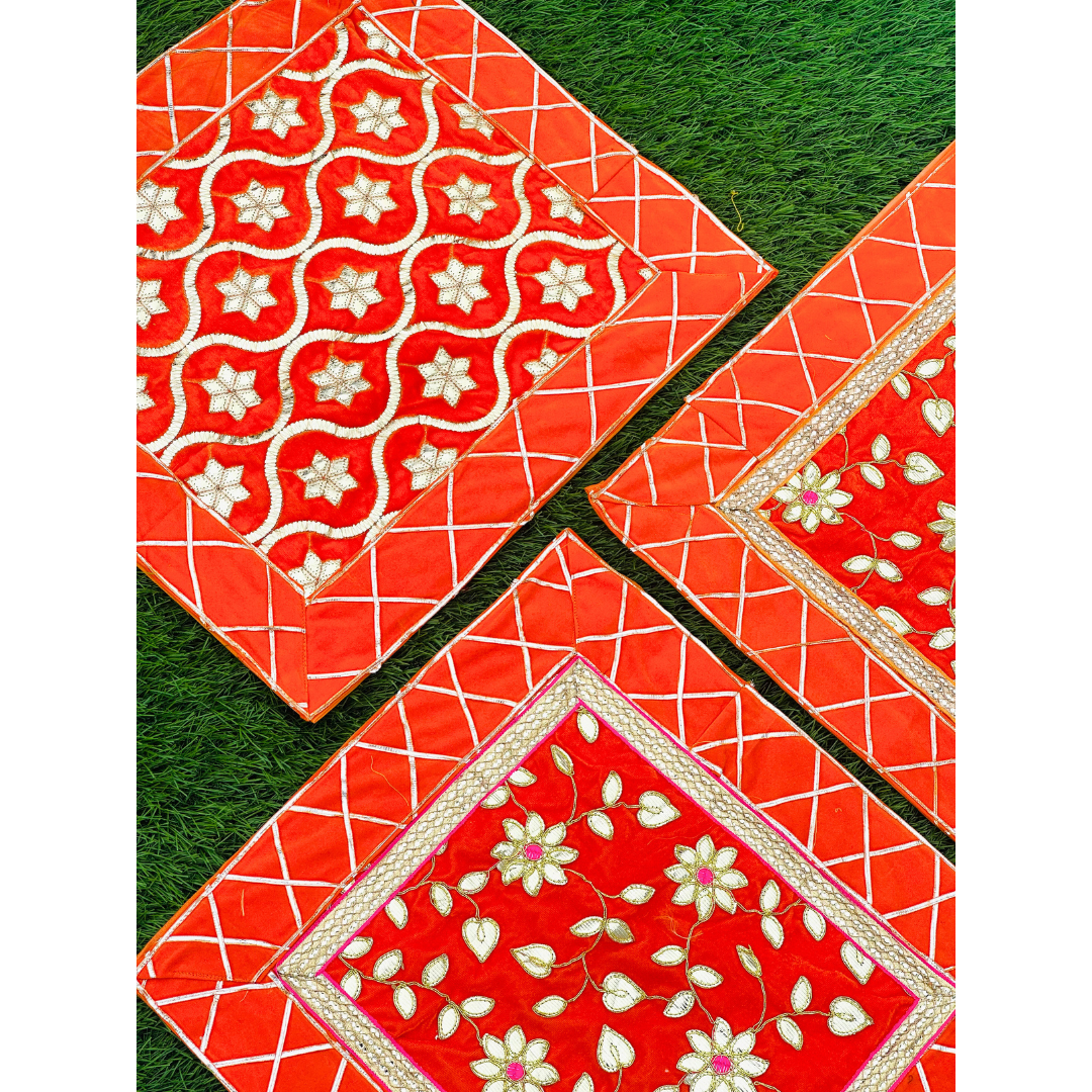 Orange Designer Aasan Combo – Set of 3 Floral Embroidered Temple Mats