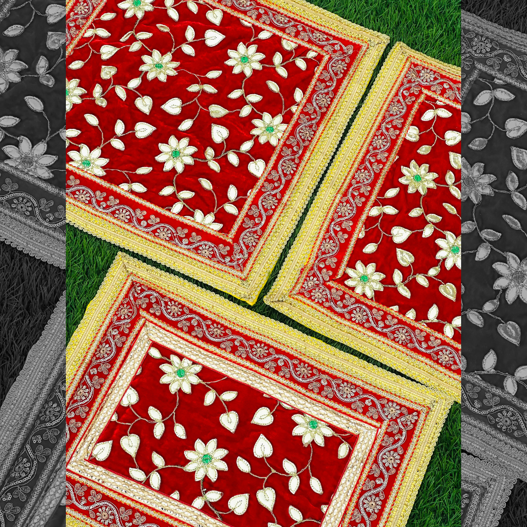 Red Velvet Floral Aasan Set – Combo of 3 Decorative Temple Mats