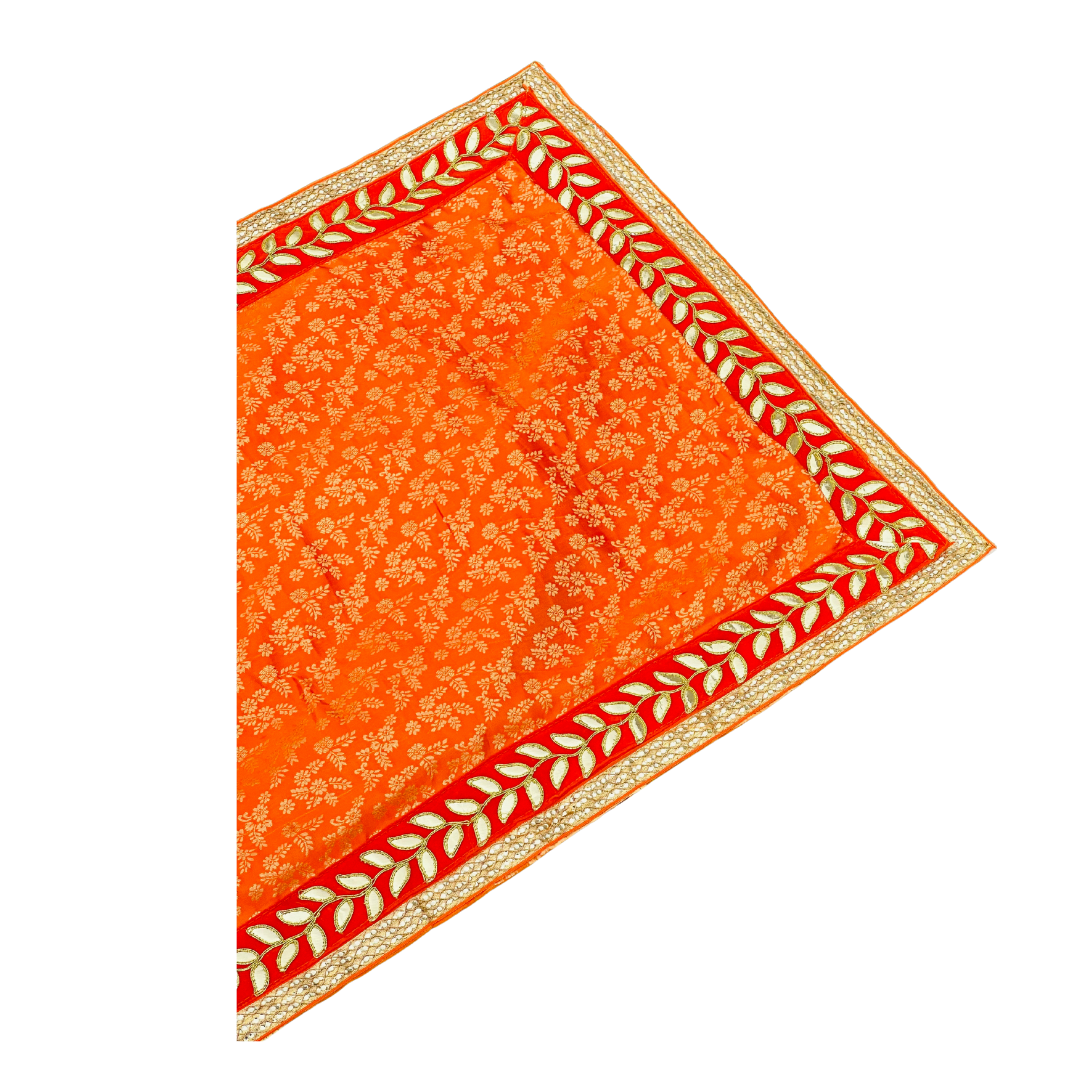 Orange Brocade Aasan with Leaf Border – Elegant Pooja Mat