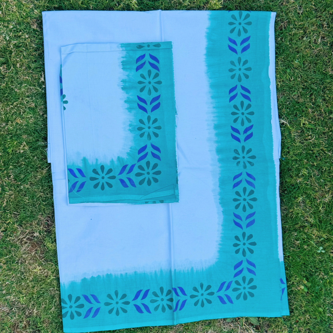 White and Green Dhoti-Uparna Set with Floral Pattern