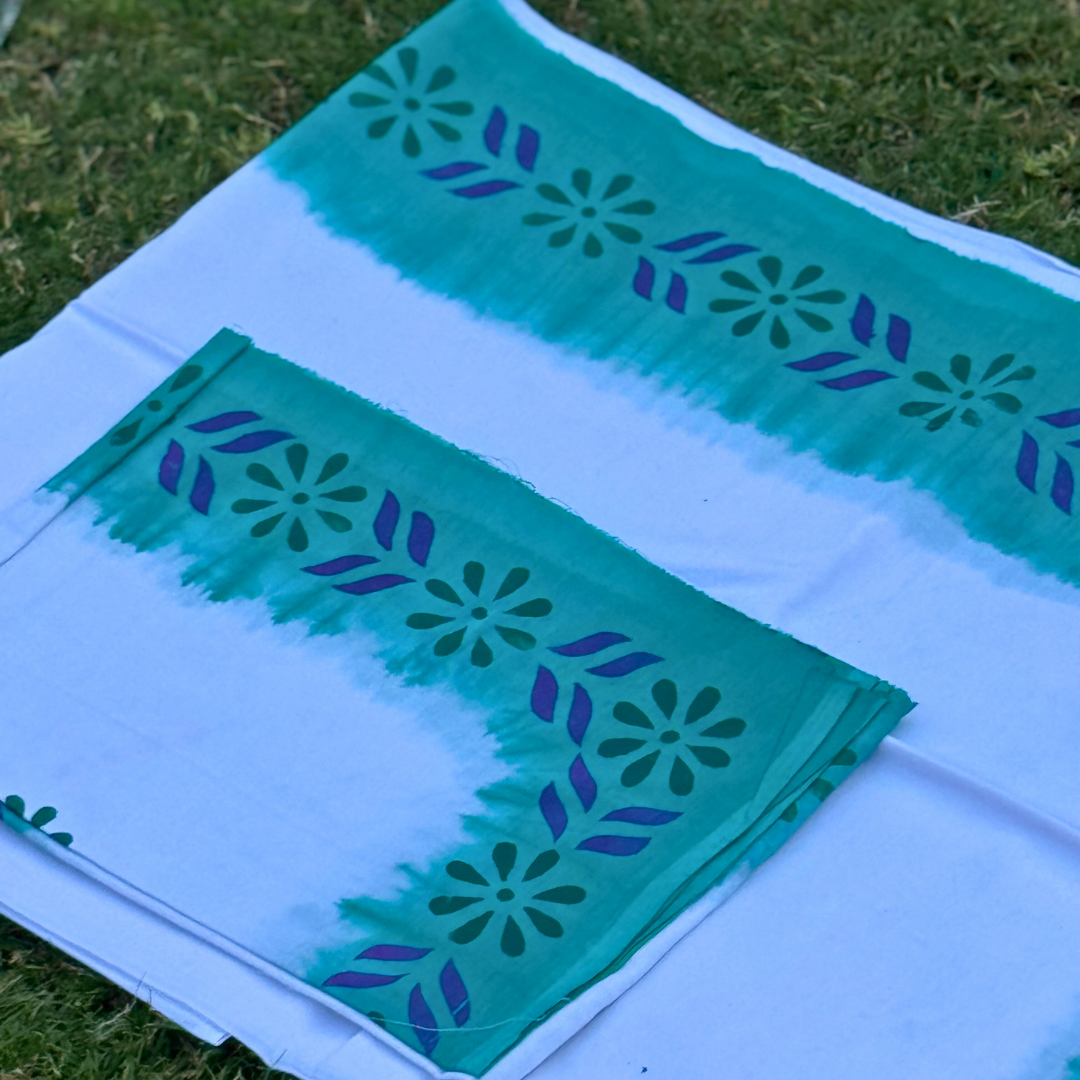 White and Green Dhoti-Uparna Set with Floral Pattern