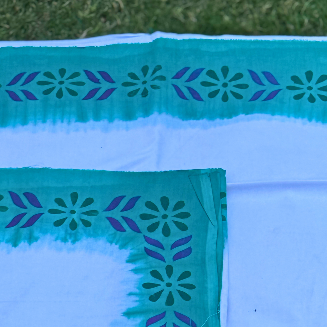 White and Green Dhoti-Uparna Set with Floral Pattern