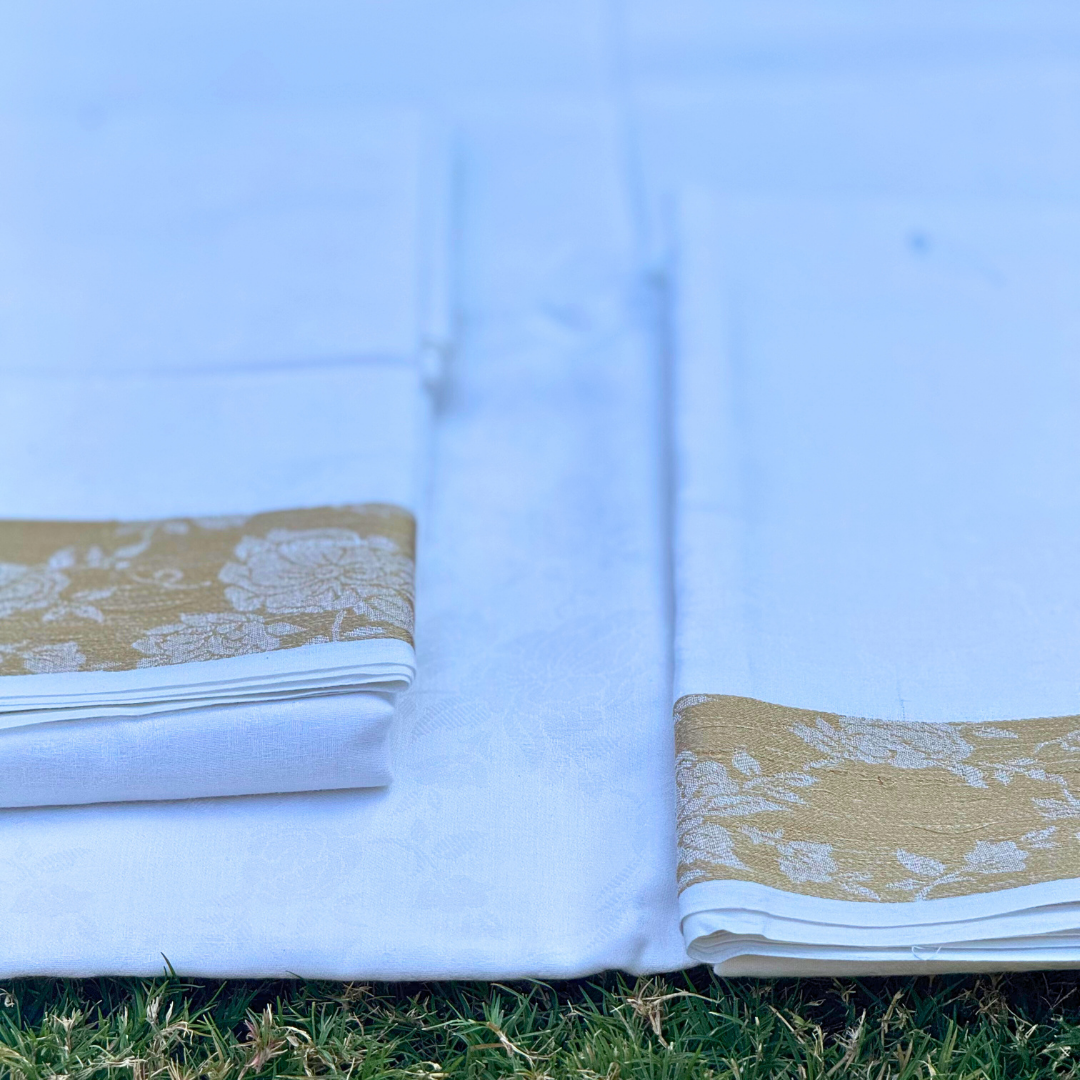 White & Gold 3-Piece Dhoti, Uparna, and Bandi Set