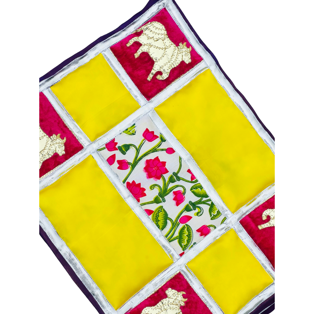 Traditional Cow Motif Cotton Aasan – Pink & Yellow Patchwork