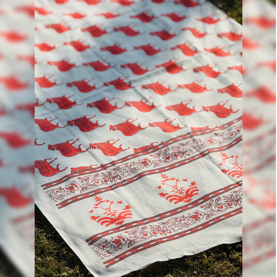 White Cotton Gamcha/Uparna with Red Cow Motif Design