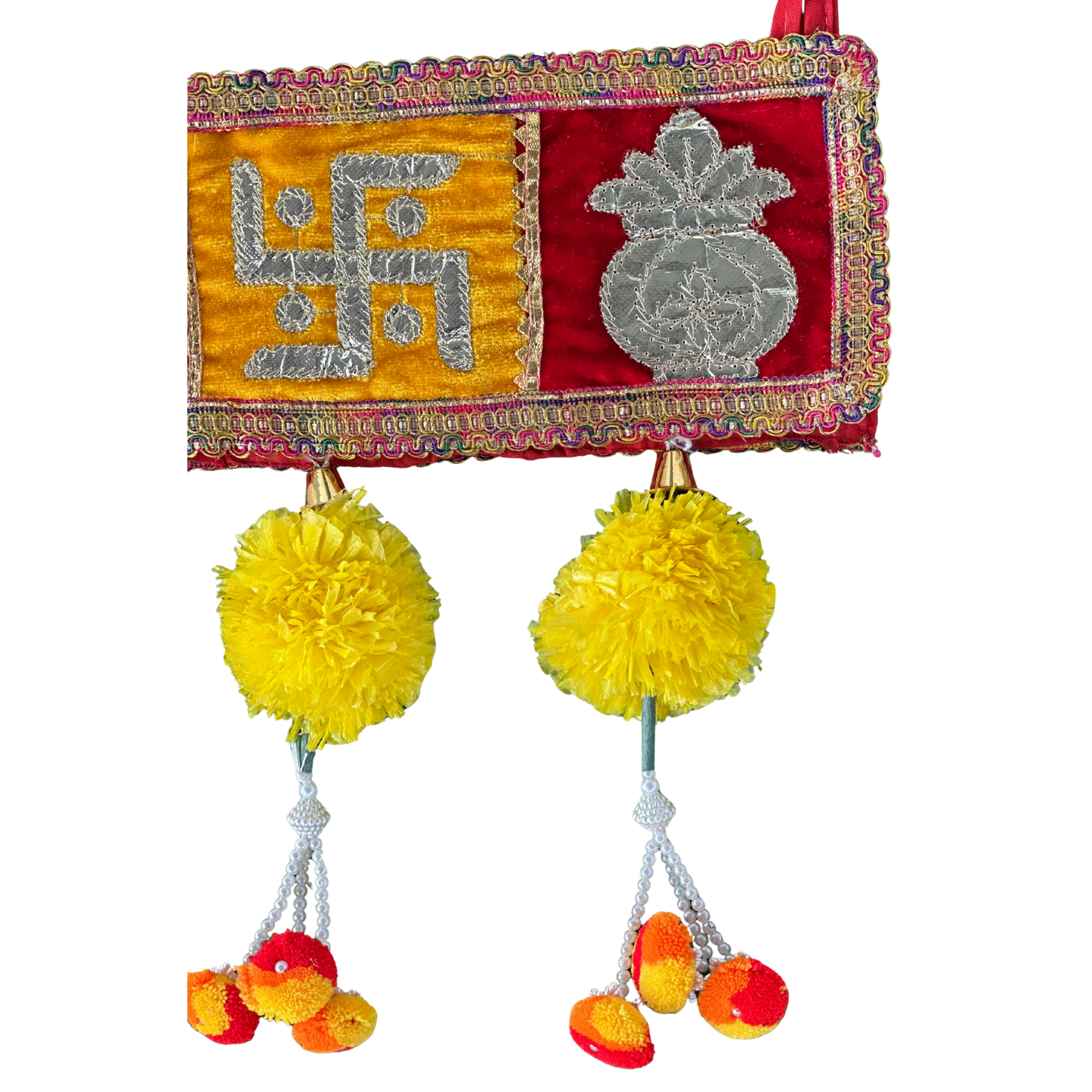 Kalash & Swastik Velvet Toran with Flower