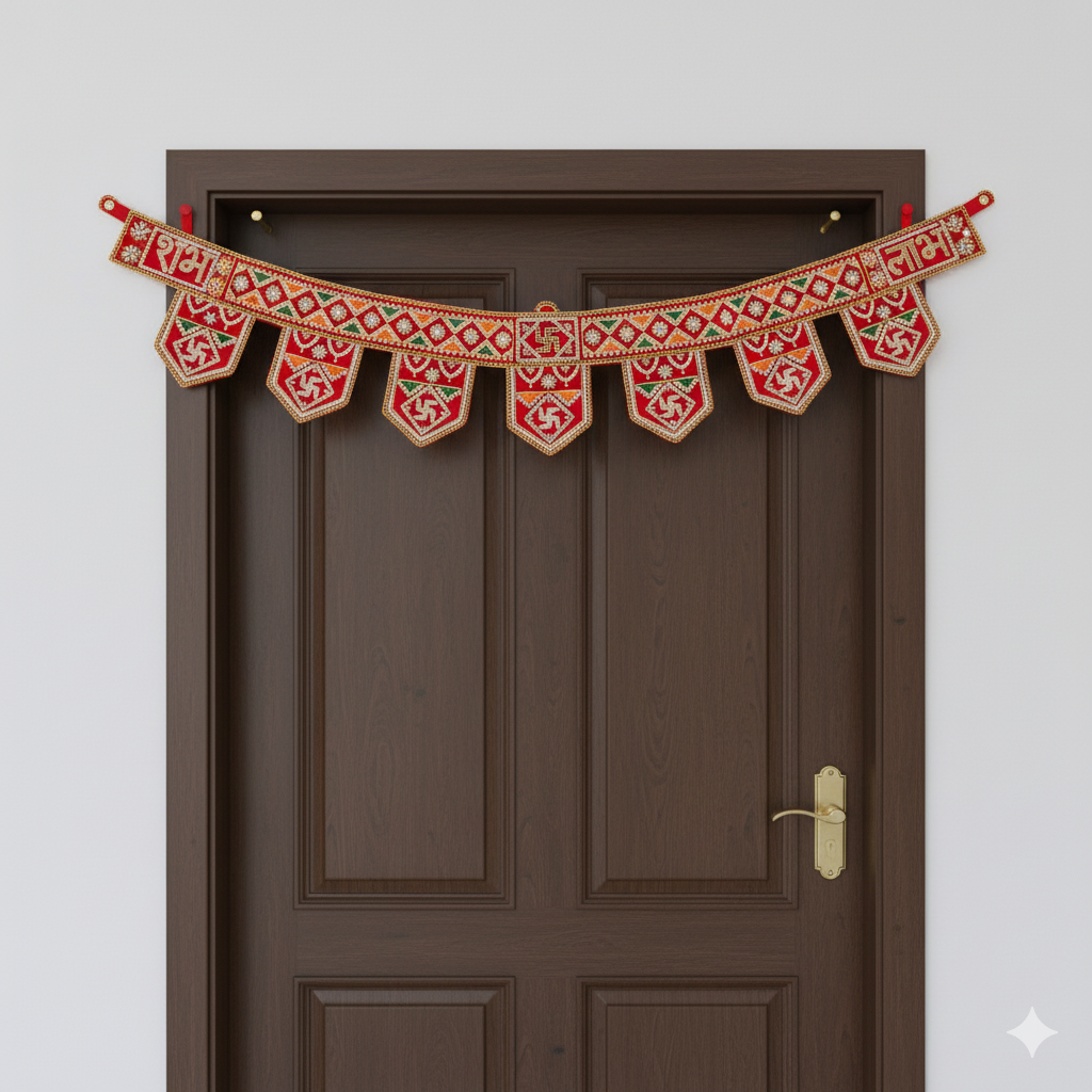 Festive Shubh-Labh Swastik Toran | Red Door Valance | Indian Decorative Bandhanwar