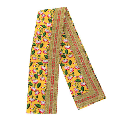 Yellow & Pink Lotus Floral Print Dupatta with Heavy Zari Border