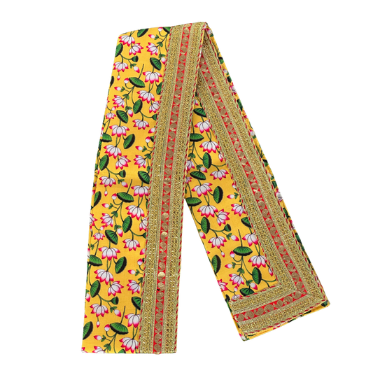 Yellow & Pink Lotus Floral Print Dupatta with Heavy Zari Border