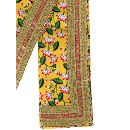 Yellow & Pink Lotus Floral Print Dupatta with Heavy Zari Border
