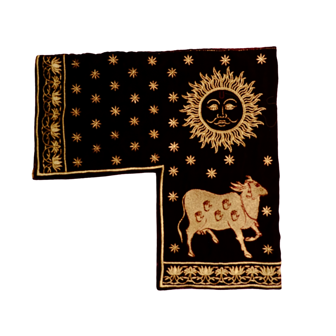 Gaumukhi Makhmal Jaap Mala Bag with Sun & Cow Embroidery