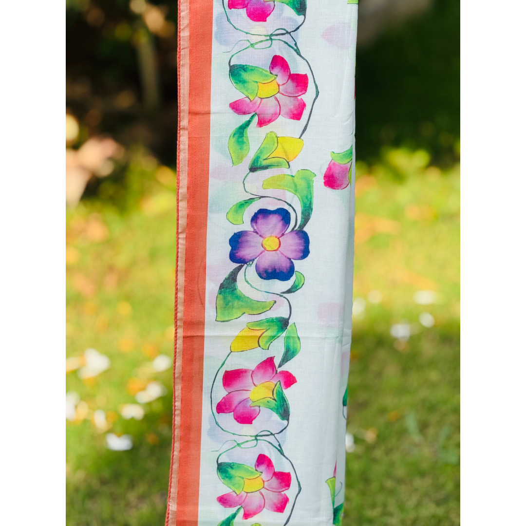 Hand-Painted Cotton Gamcha/Dupatta with Floral Design