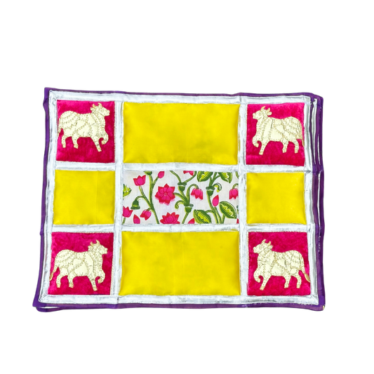 Traditional Cow Motif Cotton Aasan – Pink & Yellow Patchwork