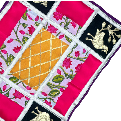 Peacock & Lotus Patchwork Aasan – Elegant Pink & Green Temple Mat
