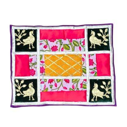 Peacock & Lotus Patchwork Aasan – Elegant Pink & Green Temple Mat