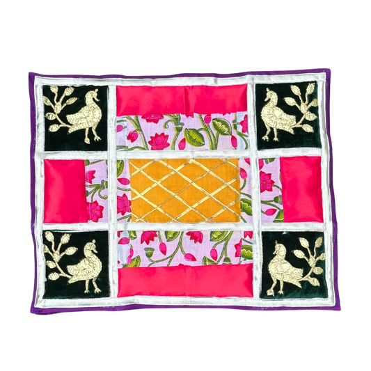 Peacock & Lotus Patchwork Aasan – Elegant Pink & Green Temple Mat
