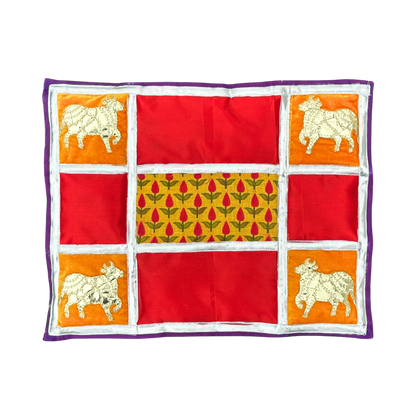 Sacred Cow Patchwork Aasan – Rich Red & Mustard Floral Design