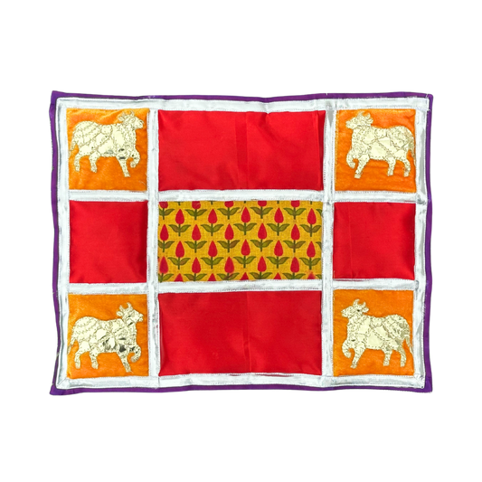 Sacred Cow Patchwork Aasan – Rich Red & Mustard Floral Design