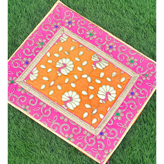 Orange-Pink Peacock Design Aasan – Pooja Mat for Thakurji