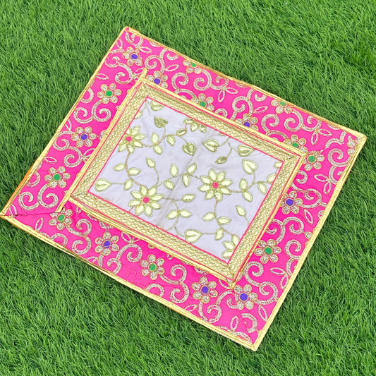 Pink Border Floral Aasan – Light Lavender Center Pooja Mat