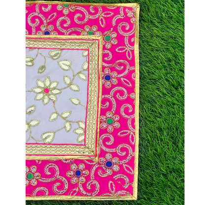 Pink Border Floral Aasan – Light Lavender Center Pooja Mat