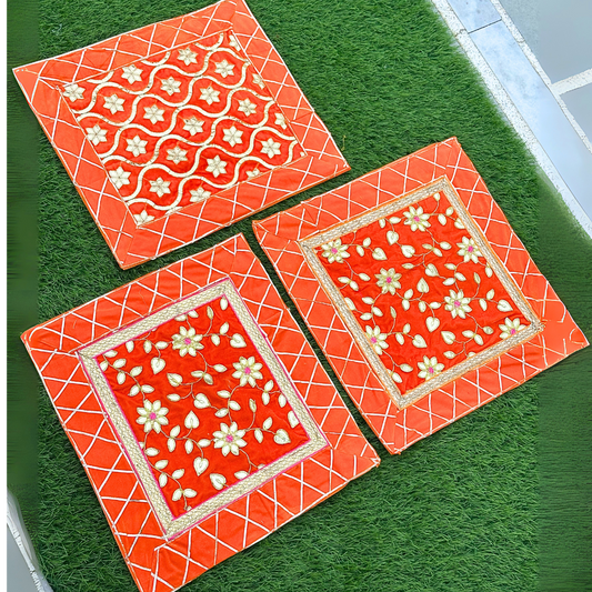 Orange Designer Aasan Combo – Set of 3 Floral Embroidered Temple Mats