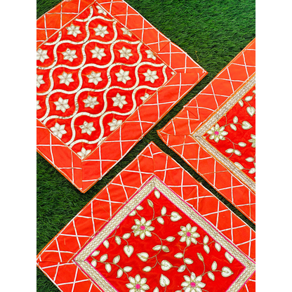 Orange Designer Aasan Combo – Set of 3 Floral Embroidered Temple Mats
