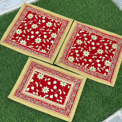 Red Velvet Floral Aasan Set – Combo of 3 Decorative Temple Mats