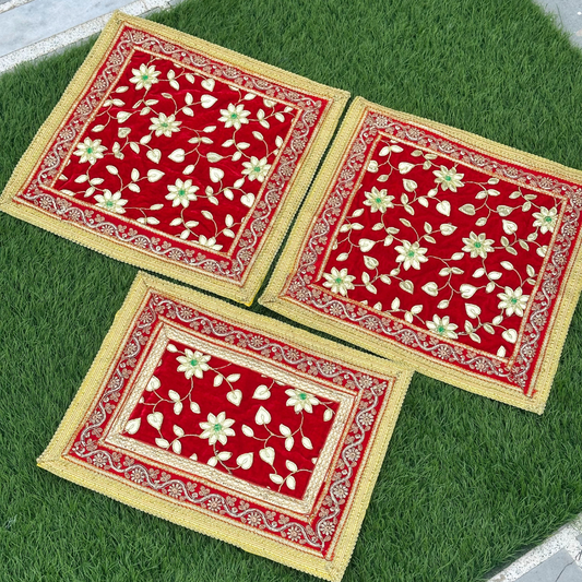 Red Velvet Floral Aasan Set – Combo of 3 Decorative Temple Mats