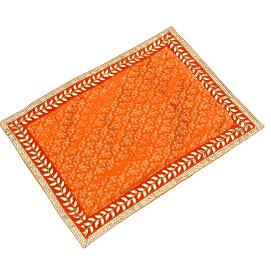 Orange Brocade Aasan with Leaf Border – Elegant Pooja Mat