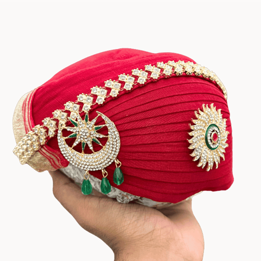 Royal Red Paagh with Golden Stone Work & Decorative Brooches