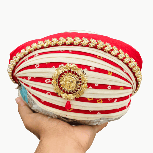 Red & Cream Paagh with Sun Motif Brooch and Golden Border