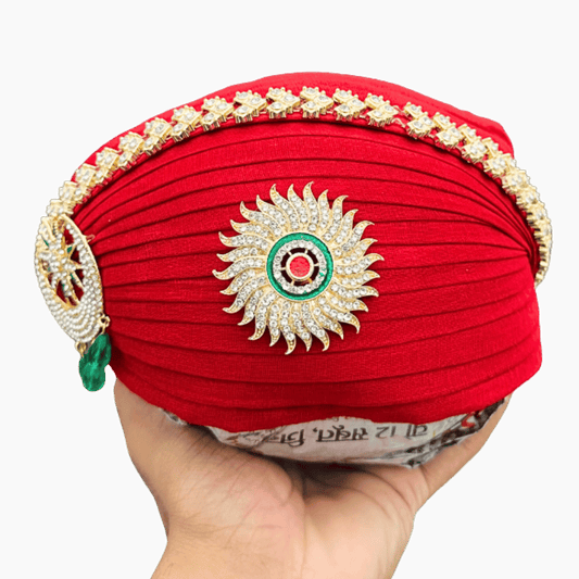 Royal Red Paagh with Stone-Studded Sun Motif & Elegant Chain Design