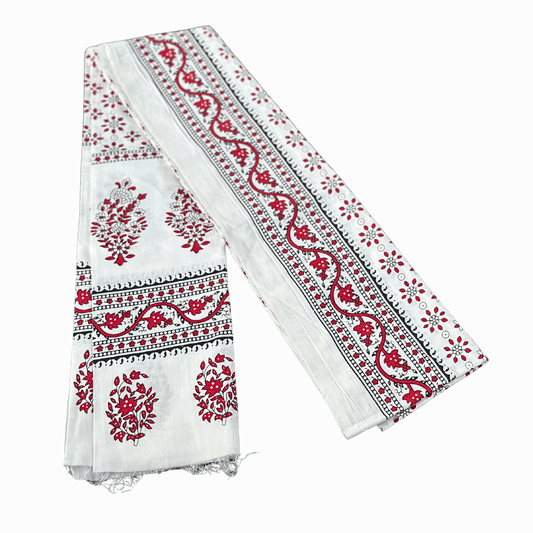 Classic White Cotton Uparna with Red & Black Floral Design