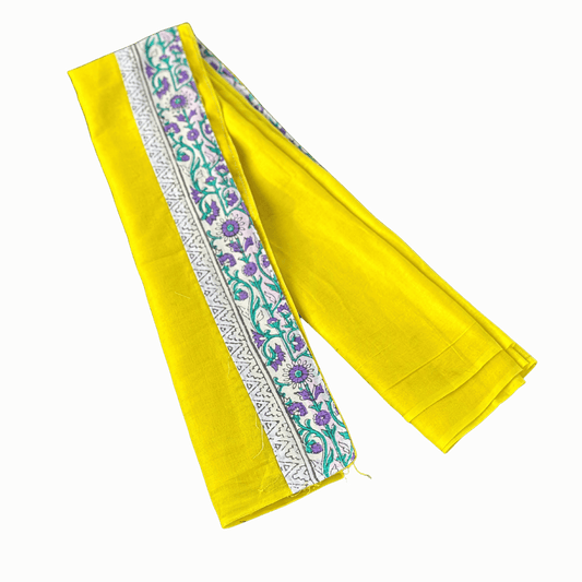 Vibrant Yellow Cotton Uparna with Floral Purple-Green Border
